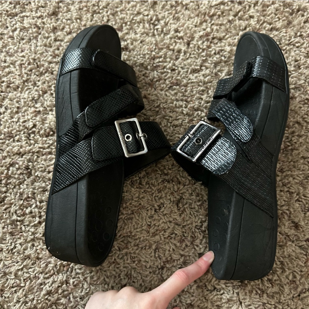 Vionic Black Strappy Slide Sandals with Silver Buckle - Picture 4 of 8